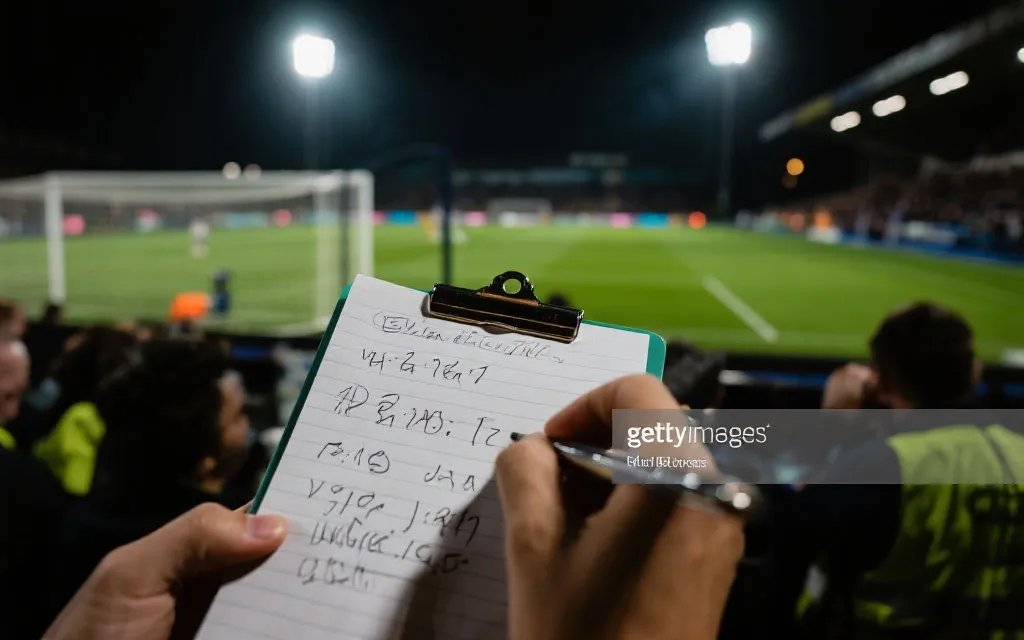 夜间球场与记事本特写：记录进球时间戳与关键事件